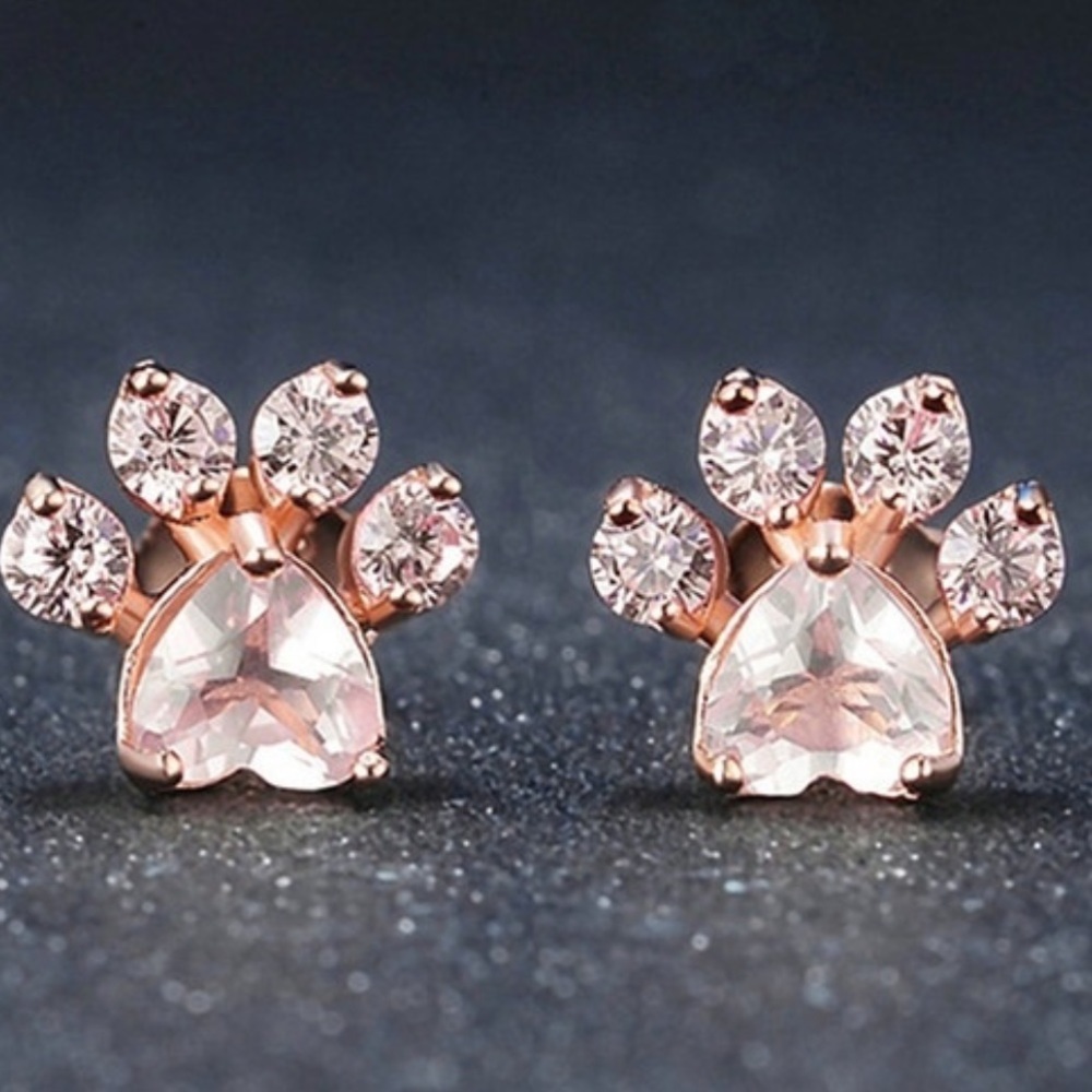 🆕Pink faux diamond paw rose gold stud earrings